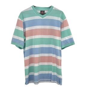 BLAC LACQUER Pastel Wide Striped V-Neck Top Size XL Preppy Classic Casual Retro